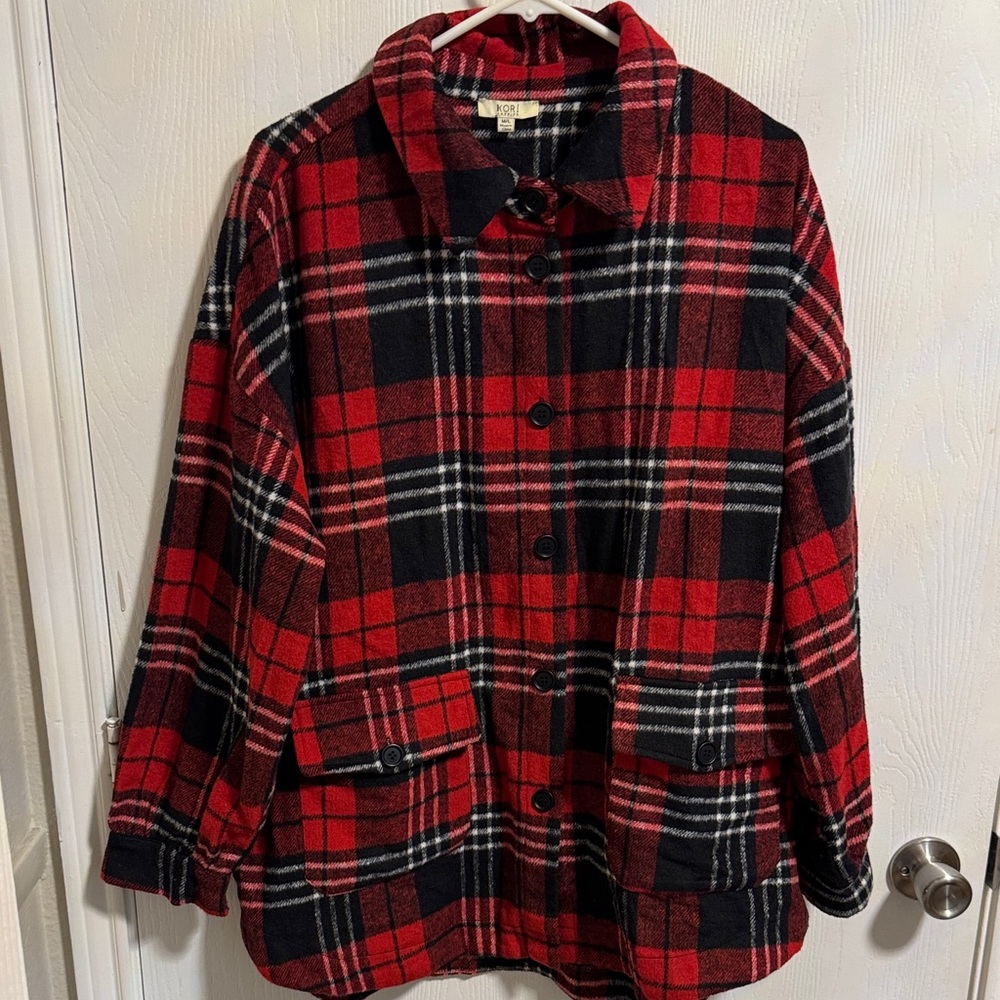 Kori America Women’s M/L Button Down Long Sleeve Red Buffalo Plaid Shacket Soft